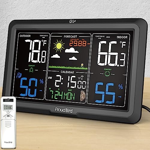 Proud Bird Weather Station, Lifetime Weather Stations & Sensors Warranty, Colorful Large Display Weather Stations with Atomic Clock, Wireless Indoor Outdoor Thermometer for Home, Black Proud Bird Weather Station, Lifetime Weather Stations & Sensors Warranty, Colorful Large Display Weather Stations with Atomic Clock, Wireless Indoor Outdoor Thermometer for Home, Black