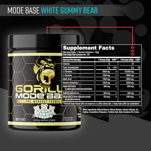 Image of Gorilla Mode Base Pre Workout - Raises Nitric Oxide . Intense Focus & Drive . Endurance . Power - L-Citrulline, L-Tyrosine, Betaine, Alpha-GPC, Caffeine, Huperzine A - 240 Grams (White Gummy Bear)
