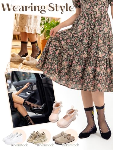 Image of Campsis Floral Sheer Ankle Socks Patterned See Through Socks for Women | Black Dress Sock Candy Sheer Socks Transparent Nylon Socks