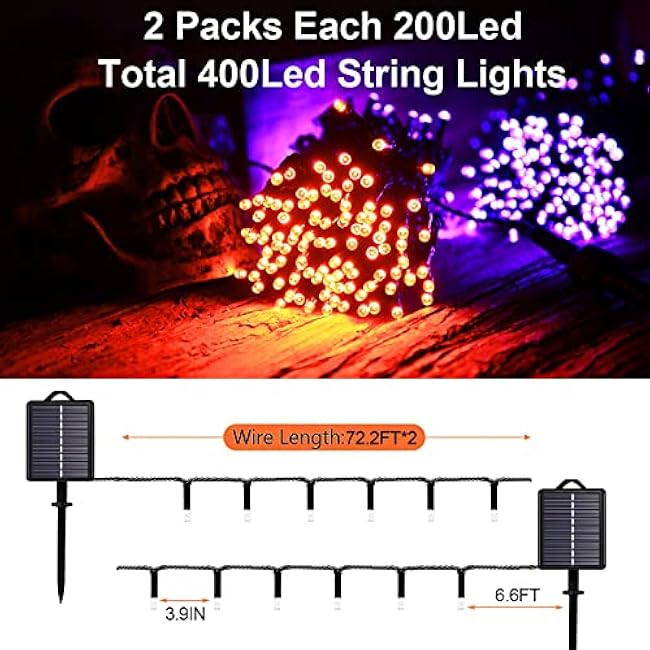 Halloween Decorations Outdoor Solar String Lights Orange & Purple, Outside 2Pack Total 144ft 400 LED 8 Modes with Timer, IP44 Waterproof Spooky Gothic Lights for Party, Patio, Tree, Garden Decor