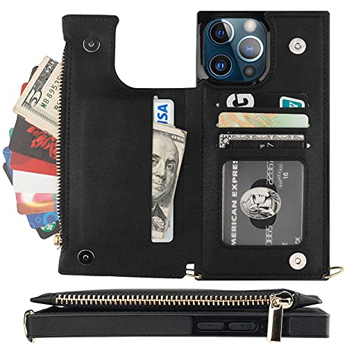 Bocasal-Crossbody-Wallet-Case-for-iPhone-13-Pro-Max-with-RFID-Blocking-Card-Slot-Holder-Magnetic-Flip-Folio-Purse-Case-PU-Leather-Zipper-Handbag-with-Detachable-Lanyard-Strap-67-Inch-5G-Black