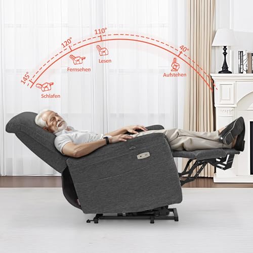 M MCombo Fernsehsessel mit Aufstehhilfe Elektrisch, Sessel mit Aufstehhilfe, Relaxsessel mit Liegefunktion bis 145°35D Vollschaum-Sitzkissen 7117 (Chenille, Grau) – Bild 4