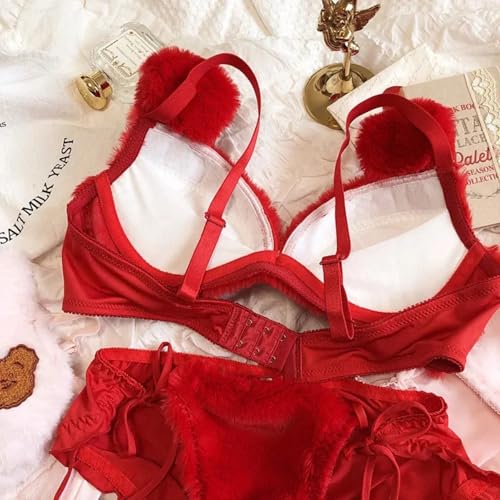 Image of Imported Fluffy Teddy Bra Panty Set for Women Cute Lingerie Soft Teddy Lingerie Cute Cartoon Design Bra Set Bridal Lingerie Set for First Night Honeymoon Date Night Anniversary Birthday