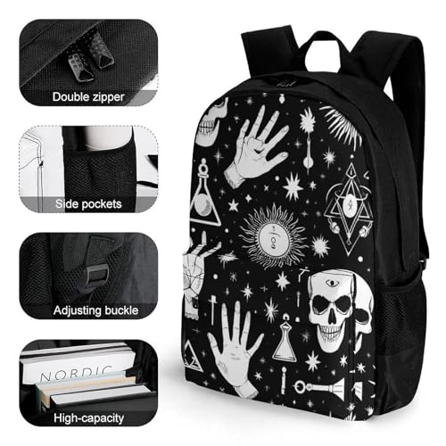 Supdreamc Men Women Polyester Halloween Goth Gothic Raven Crow Skull Sun Moon Tattoos Daypack Backpack Large Capacity Carry On Bag With Smooth Zippers for Hiking Picnic Walking Cycling3