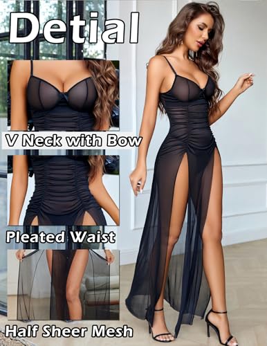 Avidlove Sexy Nightgown for Women Mesh Floral Slit Pleated Lingerie V Neck Long Dress2