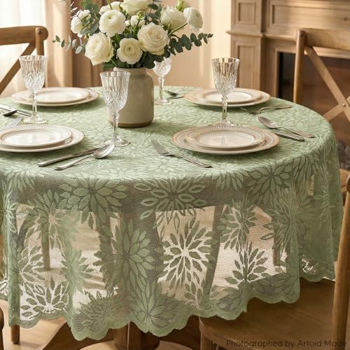Artoid Mode Spitze Jacquard Blumen Grün Dahlien Frühling Tischdecke Rund 150 cm, Saisonnal Sommer Tischwäsche Küche Dekoration Party Dekor