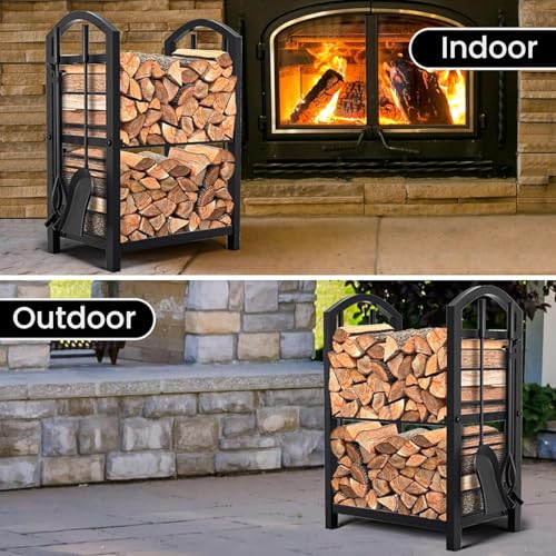 Amagabeli Kaminholzregal Brennholzregal mit 4 Kaminwerkzeug 69cmx42cmx38cm Kaminholzständer für Innen und Außen Kaminholzhalter Holzregal für Kamin Kaminofen Besteck Schmiedeeisen Schwarz-7