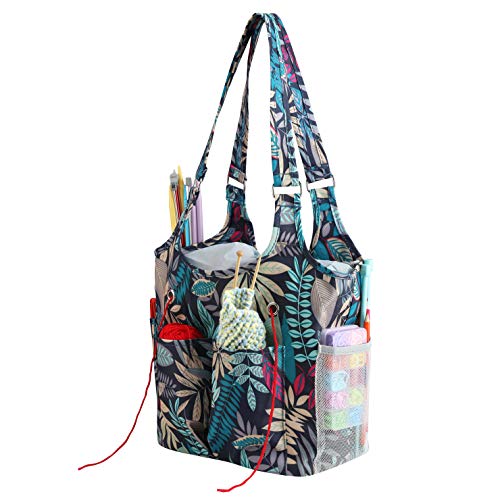 Maravilhoso armazenamento de tricô e crochê da KOKNIT, bolsa organizadora durável para projetos de artesanato, vários bolsos para ganchos de crochê, agulhas de fio e acessórios (azul)