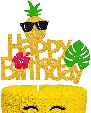 Levvcirki Pineapple Cake Topper Summer Fruit Hawaiian Tropical Aloha Luau Pineapple Theme Kids Boy Girl Happy Birthday Holiday Party Cake Decoration Glitter Green