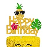 Levvcirki Pineapple Cake Topper Summer Fruit Hawaiian Tropical Aloha Luau Pineapple Theme Kids Boy Girl Happy Birthday Holiday Party Cake Decoration Glitter Green
