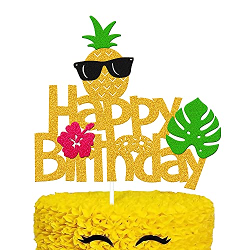 Levvcirki Pineapple Cake Topper Summer Fruit Hawaiian Tropical Aloha Luau Pineapple Theme Kids Boy Girl Happy Birthday Holiday Party Cake Decoration Glitter Green #TOP1