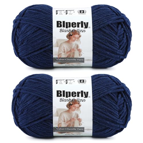 Skinny Chenille Yarn for Crocheting - 2 Pack of 50g/158yds - Soft Thin Fluffy Plush Yarn CYC #2 - Fingering Weight Yarn for Baby Blankets & Amigurumi (2 Navy Blue)