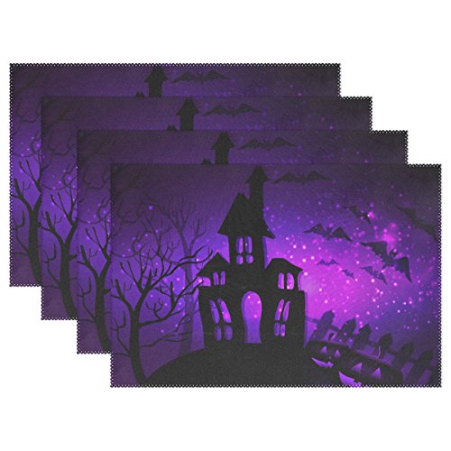 Naanle Halloween Placemats Set of 4 Halloween Haunted House with Bats and Trees and Pumpkins Non Slip Heat-Resistant Washable Table Place Mats for Kitchen Dining Table Home Decoration 12 x 18