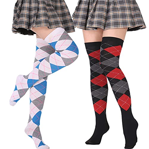 Socks,Women Girls Student Thigh High Socks European College Style Vintage Colorful Argyle Pattern Over Knee Stockings3