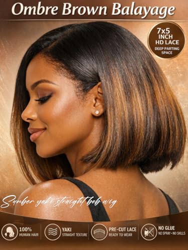 Image of Sunber Ombre Brown Balayage Yaki Straight Bob Glueless Wigs Human Hair Bye Bye Knots Pre cut 7x5 Lace Front Wig Pre Plucked Pre Bleached Knots Put and Go Highlight Brown Short Bob Wig 10Inch