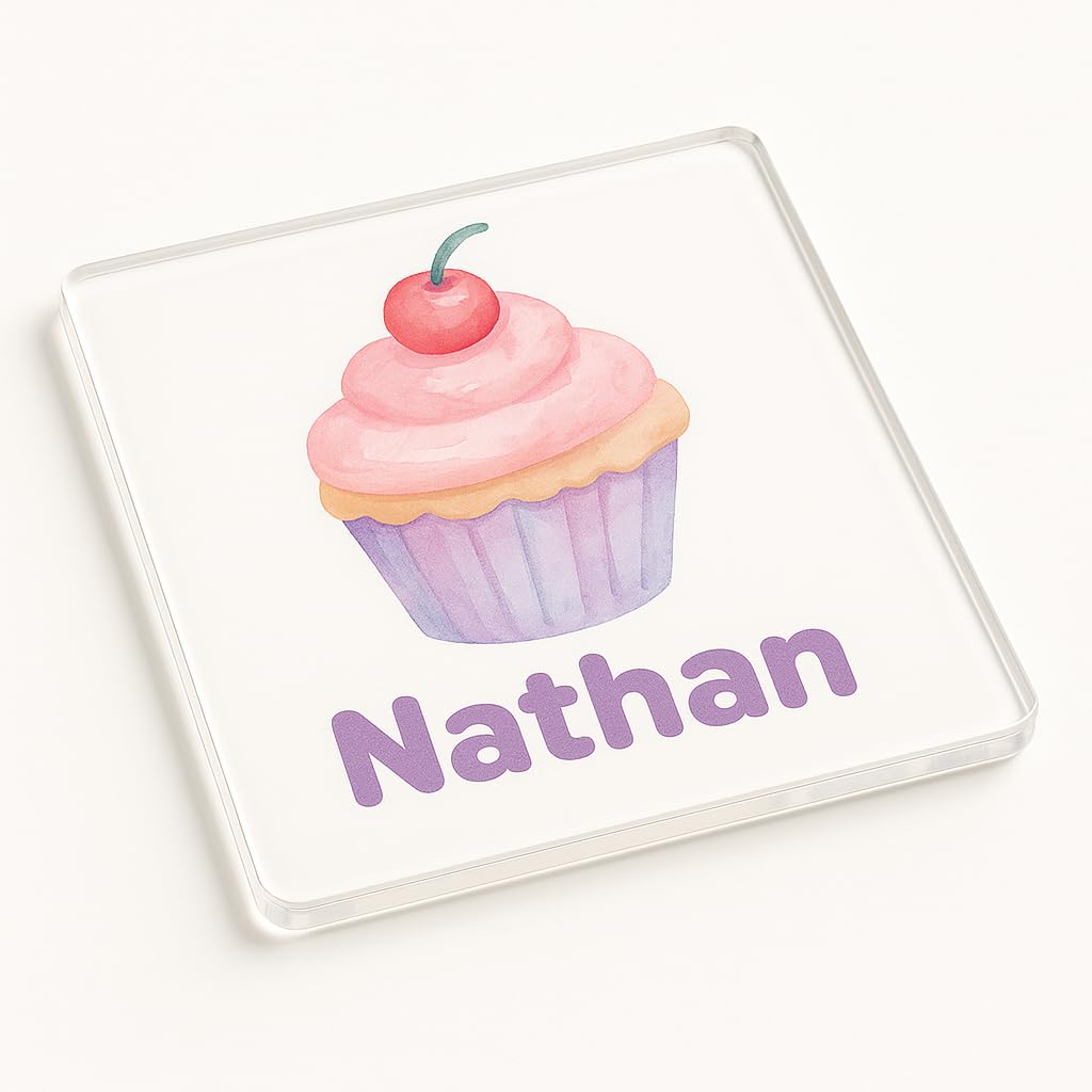 The Plum Penguin Cherry Dreamscape Personalised Name Acrylic Coaster With Whimsical Cupcake Design Gift - Kids Party Favor Drinkware Fun