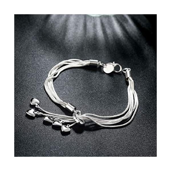 Harlorki Simple 925 Silver Plated Chain 5 Small Love Heart Pendents Charm Wrist Chain Bracelet Bangle Fashion Costume Jewelry for Women Lady Girl