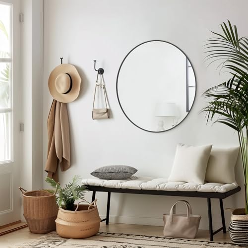 Image of WallBeyond Round Wall Mirror 28 inch Black Large Circle Mirror for Bathroom with Metal Framed, Round Black Mirror for Wall Decor, Vanity, Entryway Living Room