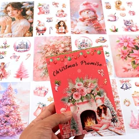 Dwpetzo Christmas Sticker Book for Journaling, Pre-Cut PET Stickers with Self-Adhesive Washi Paper, Xmas Background Materials for Junk Journals Supplies, Scrapbooking, Card Making, 20 Sheets (Pink) Cover