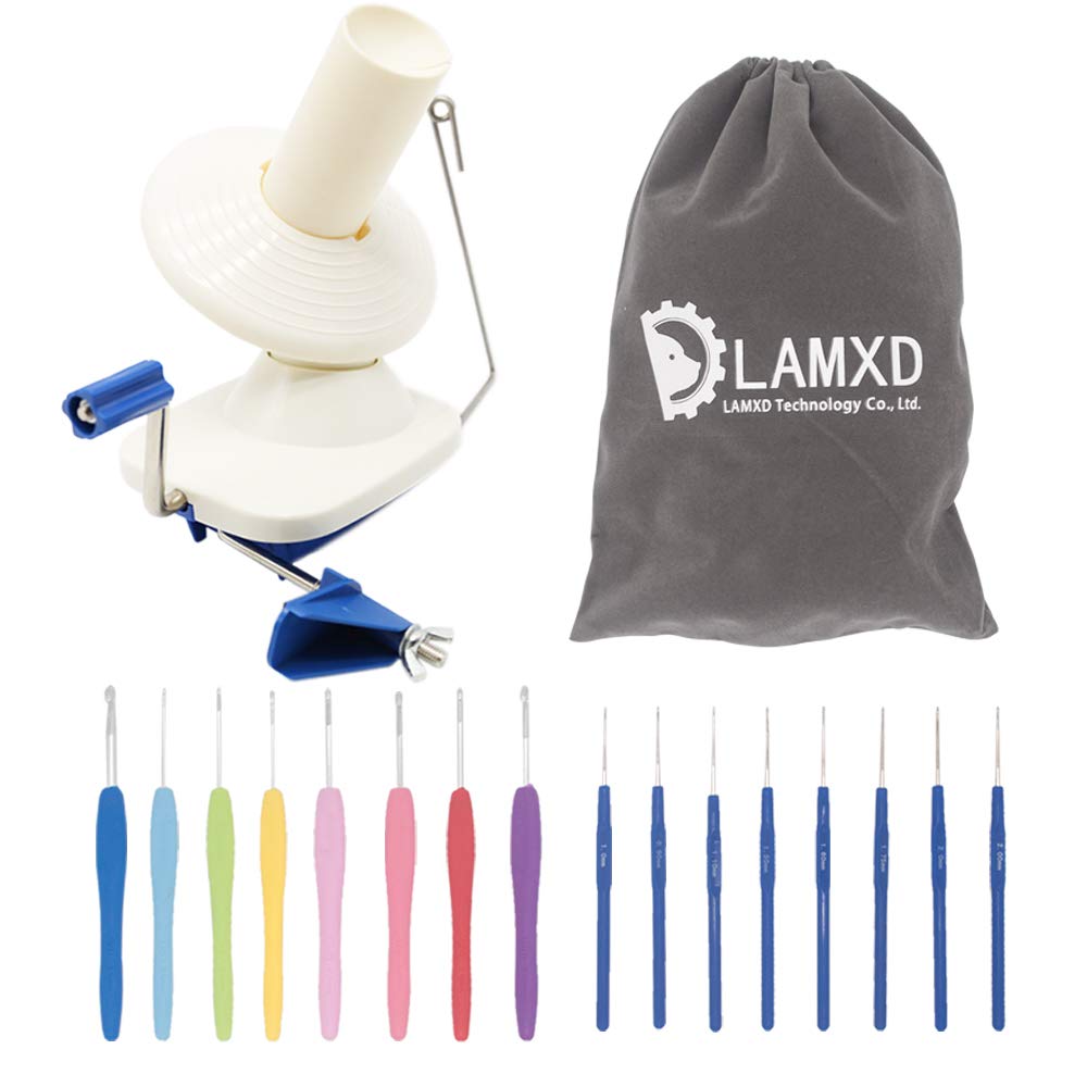 LAMXD Needlecraft Yarn Ball Winder Hand Operated,Capacity 4-Ounce,Blue,Portable Package,Easy to Set Up and Use,Sturdy with Metal Handle and Tabletop Clamp,Including 8 Sizes Crochet Hooks Set