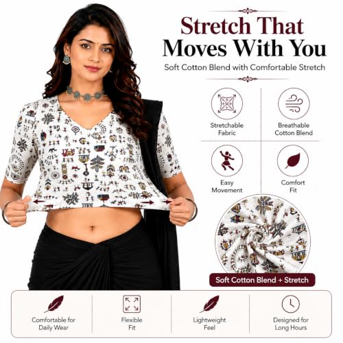 Image of Mogsa Women's Kalamkari Print Cotton Stretchable V-Neck Readymade Saree Blouse | Soft Cotton Blend | Stretch Fabric | Ready-to-Wear