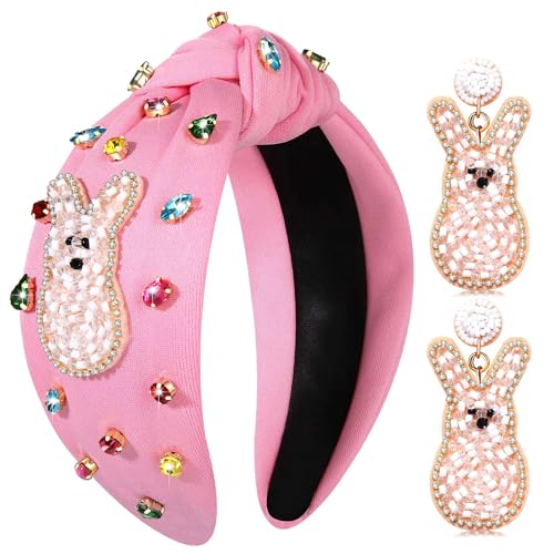 PHALIN Easter Headband for Women Beaded Bunny Knotted Headband Crystal Rhinestone Wide Top Knot Headbands Easter Accessories Holiday Festive Hair Accessory Party Jewelry Gifts (Pink Bunny)
