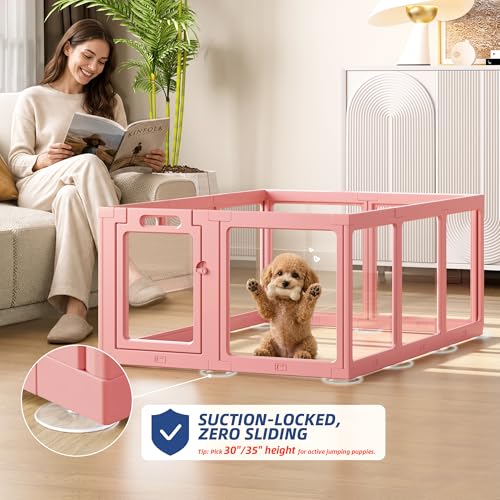 Image of Clear Acrylic Dog Playpen Indoor, Puppy Cat Small Pet Play Pen, Pet Cat Playpen for Rabbits, Dog Fence Crate Kennel Whelping Cage (Pink, 12 Panel)