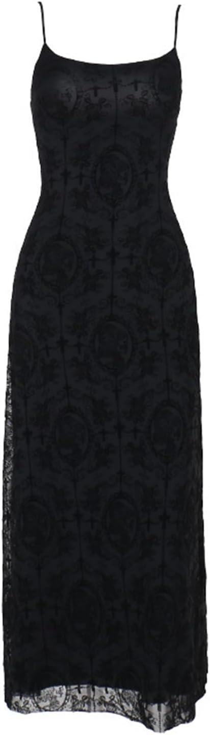 Womens Gothic Bodycon Maxi Dress Casual Floral Print Spaghetti Strap Dresses