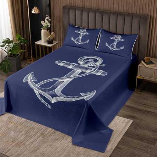 Feelyou Anchor Decor Bedspread Queen Size Nautical Themed Coverlet Set Anchor Print Quilt Set Dark Blue Bedding Cover for Boys Girls Kids Adults
