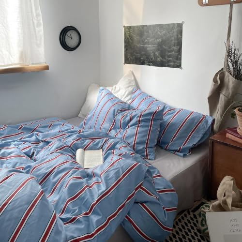 Image of Nayoroom Striped Duvet Cover Queen Coastal Blue Red Stripe Bedding Set