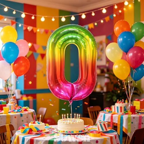 Image of SUWEN Rainbow Number 0 Balloon 40 Inch,Big Colorful Balloons 0-9 | Large Gradient Jelly 0th Helium Foil Mylar Number Multicolor Balloons for Birthday Anniversary Party Decorations