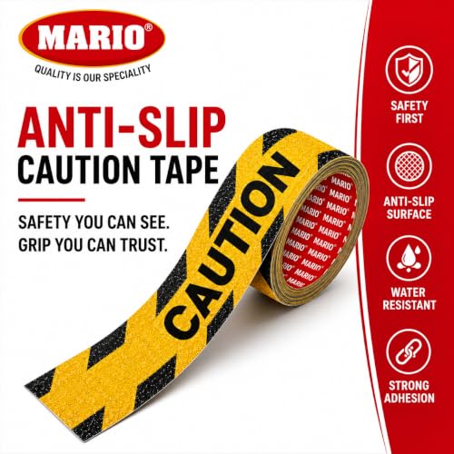 Image of Mario Caution Anti Skid Anti Slip Tape 50mm (2 Inch) x 5m | High Traction Waterproof Safety Grip Tape for Stairs, Ramps, Warehouse, Factory, Parking & Loading Areas | Indoor Outdoor Slip Resistant