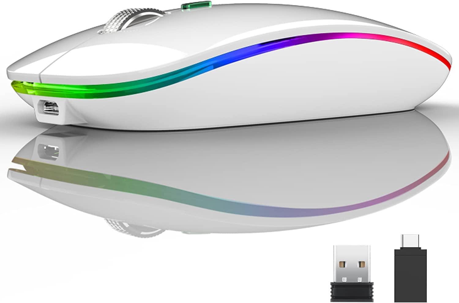 Wisfunlly Wireless Bluetooth Mouse, LED Slim Dual Mode (BT 5.1 + USB) 2.4GHz Rechargeable Silent Mouse with Type C Adapter for Laptop/MacBook/iPad OS 13 and Above (White)