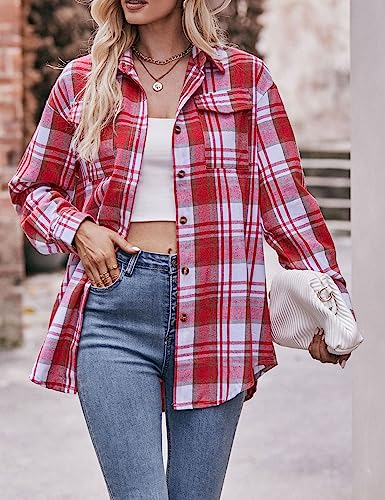 Women's Lightweight Flannel Plaid Button Down Shirts Oversized Long Sleeve Shacket Jacket Tops4