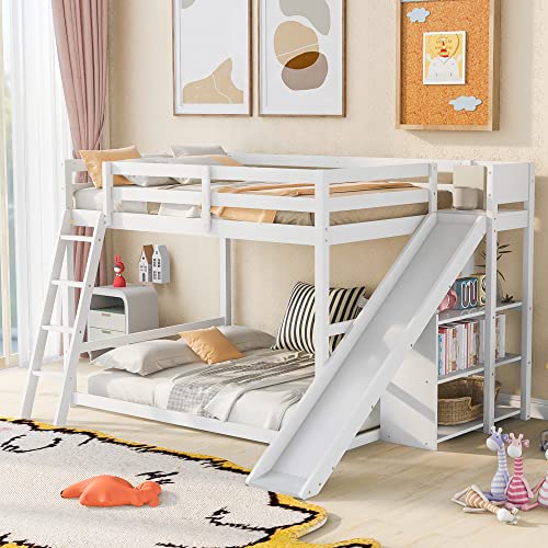 HiHomely Full Over Full Bunk Bed with Ladder, Slide Shelves White Space Saving Kids Bedroom for Two, Fun Functional Design (1 Shelves)