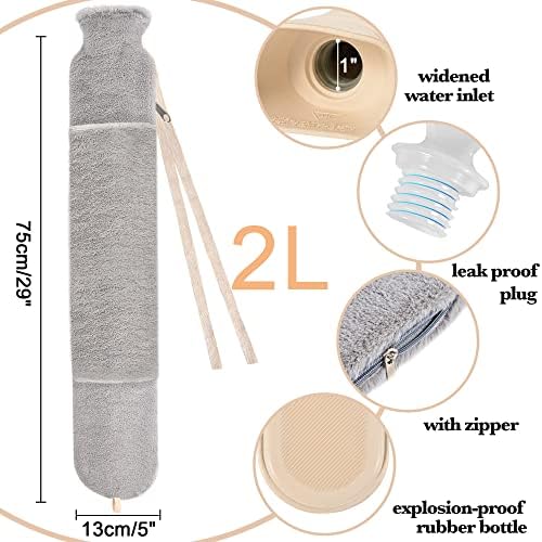 Long Hot Water Bottle with Hand Pocket Cover, 2L Large Rubber Hot Water Bottles with Zipper Cover Easy Take on/Off, Extra Big Wearable Body Grey Hot Water Bag with Strap for Relief Pain Waist Neck