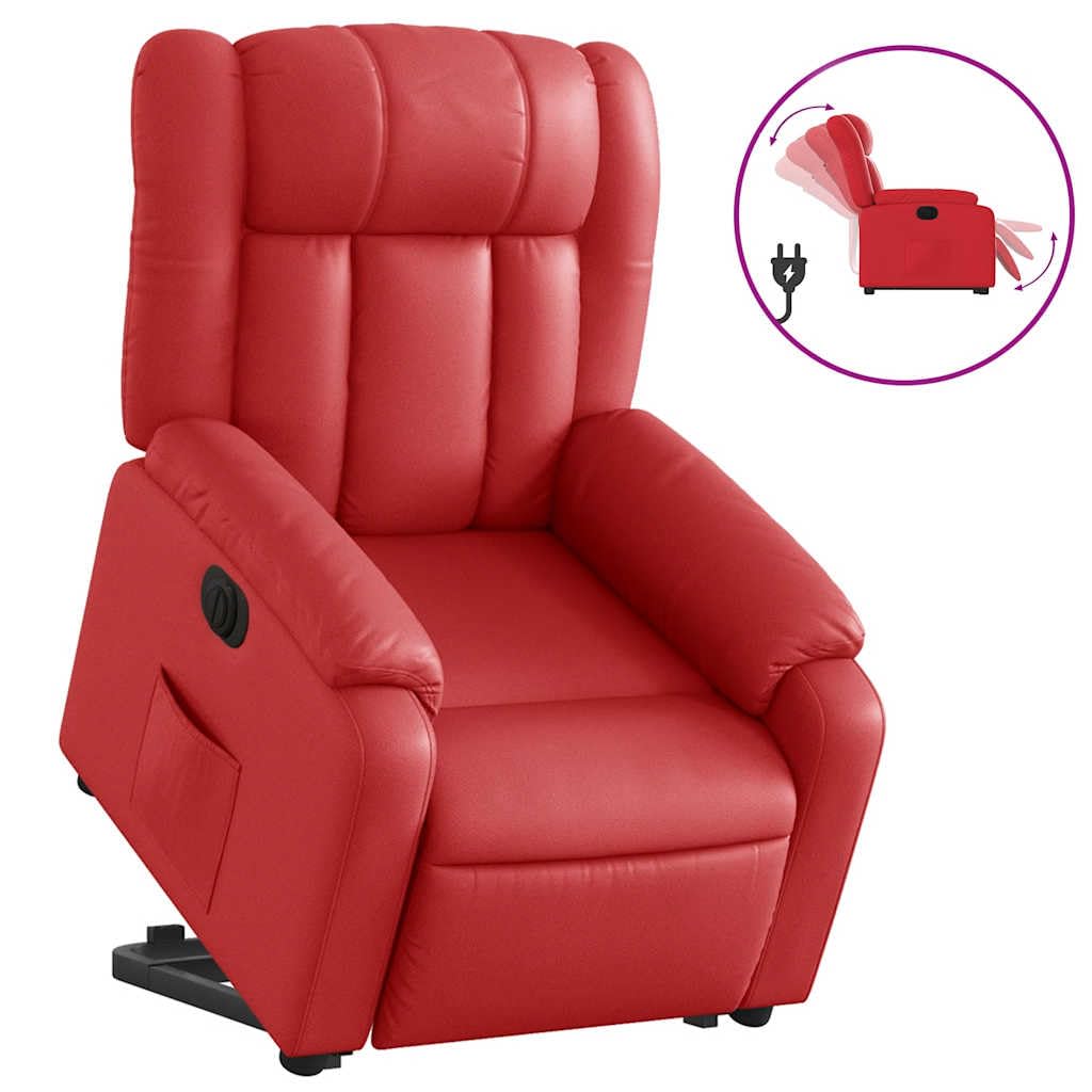 Sillón elevador reclinable eléctrico rojo de piel sintética con motor para elevación e inclinación hasta 135 grados, cómodo y estable, con estructura de madera y metal y bolsillo