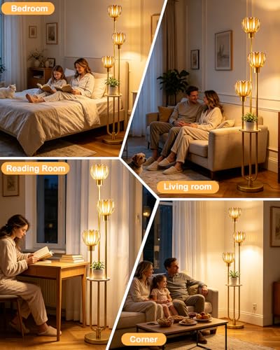 Image of Lightdot 3-Lights Glass Floor Lamp for Living Room Modern Gold Floor Lamps with Lotus Amber Glass Shade& Bulbs Included for Wedding /Party Tall Standing Lamp for Bedroom /Sofa Beside /Corner Decor