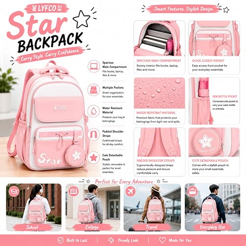 Image of School & College Backpack with Detachable Pouch | 18 Inch Large capacity bag for Girls & Boys Age of 12-16 years | Best for School, Tution, Travel, Camping