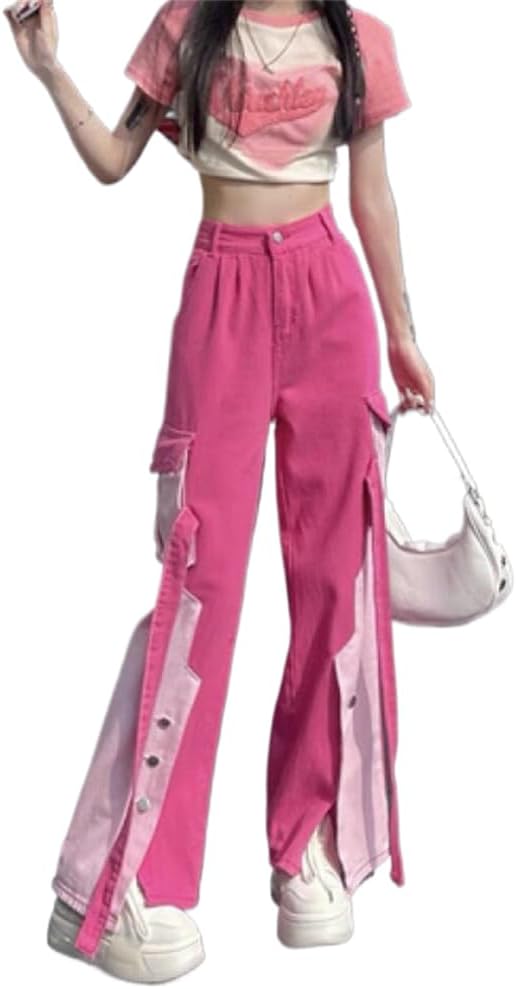 LIXINGHEITANG Korean Style Patchwork Women's Jeans Summer Thin high Waist Wide Leg Loose Overalls Trendy Trousers