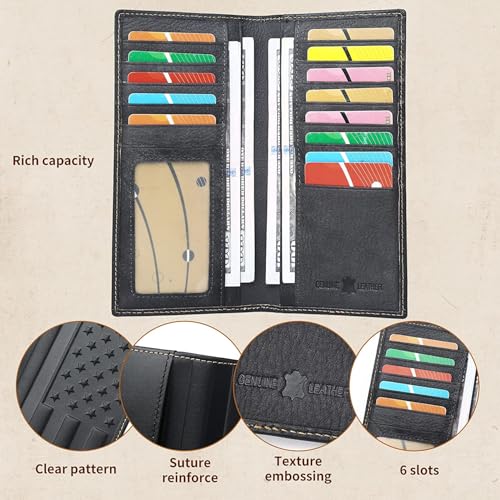 American Flag Design Full Grain Leather Wallets for Men,Long Bifold Wallets for Men,Mens Genuine Leather Checkbook Wallets with Gift Box (Black)3