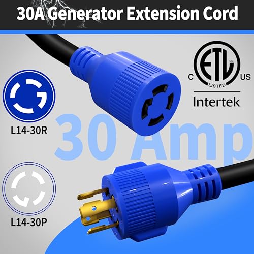 4 Prong 30 Amp 10 Foot Generator Extension Cord, NEMA L14-30P/L14-30R, 125/250V Up to 7500W 10 Gauge SJTW Generator Cord, ETL Listed - Image 3