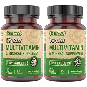 DEVA Tiny Tablets Vegan Multivitamin for Women & Men 2-Pack with Iron, Vitamin C, E, B Complex Vitamins, Zinc, 90 Tablets Each