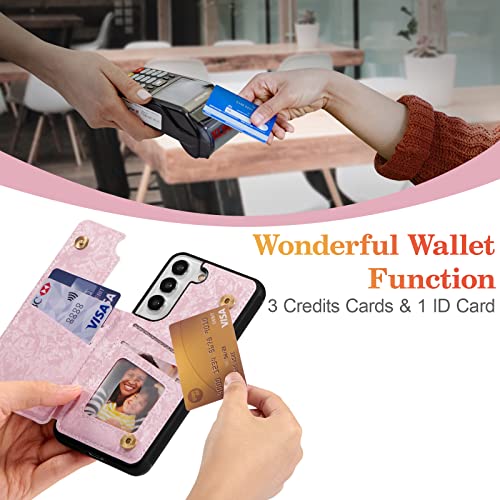 UEEBAI Wallet Case for Samsung Galaxy S21 FE 5G with Card Holders, PU Leather Cover Kickstand RFID Blocking Double Magnetic Clasp Rilievo Flower Shockproof Flip Case for Women Girls - Tree Vine