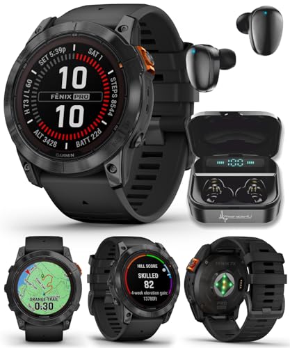 Wearable4U Garmin Fenix 7X Pro Solar Edition (No Wi-Fi) Smartwatch, Slate Gray with Black Band, 1.4" Display, Build-in Flashlight Black Earbuds Bundle