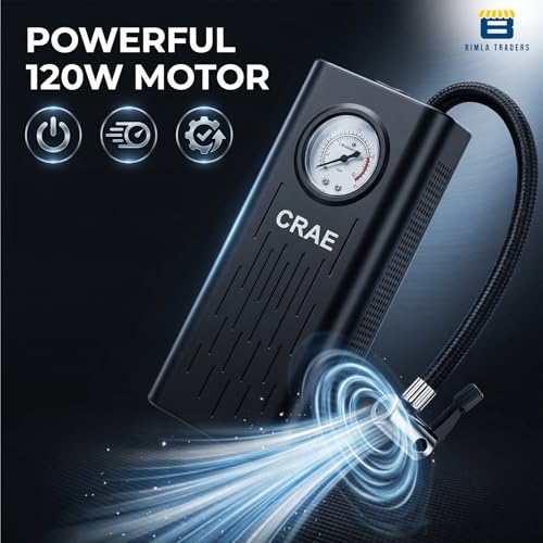Image of CRAE Portable Digital Tyre Inflator for Car & Bike - Compact Air Pump Compressor with Pressure Gauge, Fast Inflation - Ideal for Tyres, Balls & Inflatables. Pack of 1 (AU002 Black)
