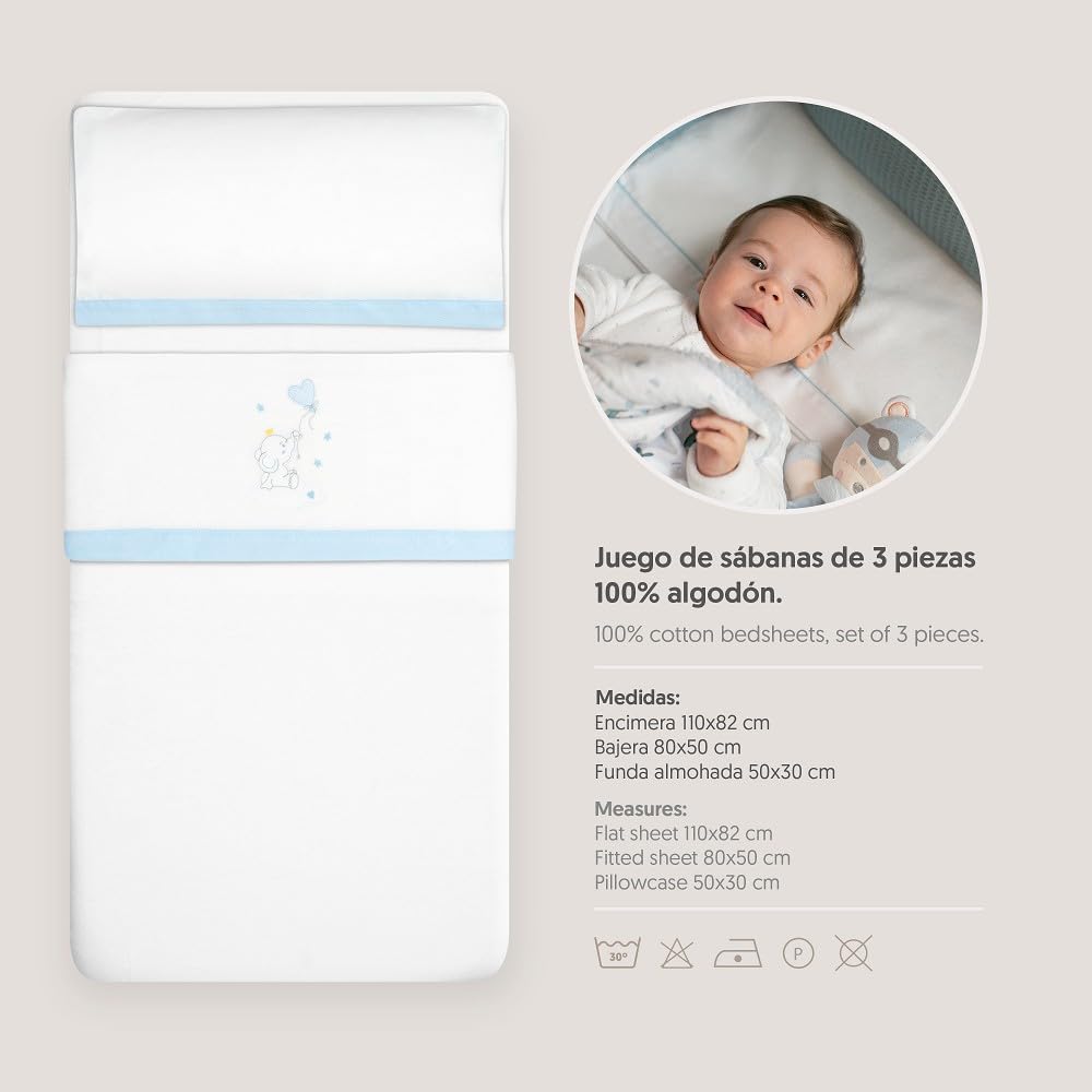 Interbaby - Set di lenzuola per carrello 40 x 80 cm, per bebè, lenzuola invernali, in flanella, modello elefante globo cuore, con lenzuolo sotto + lenzuolo sopra + federa per cuscino
