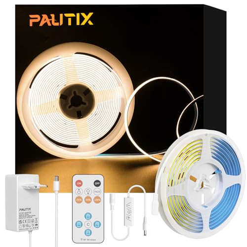 PAUTIX Striscia LED COB Bianco Caldo 2700K 2m,480LEDs/M dimmerabile 24V Flessibile con Telecomando RF e Alimentatore,CRI90 + luce da incasso luminosa per decorazione domestica fai da te