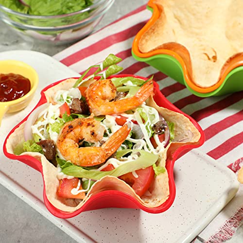 Koluti Nonstick Silicone Tortilla Shell Maker Set Of 3, Colorful Taco Salad Bowl Mold, Baking Pan Tostada Baker For Kitchen, Microwave & Dishwasher & Oven Safe (Red Orange Green) #TOP4