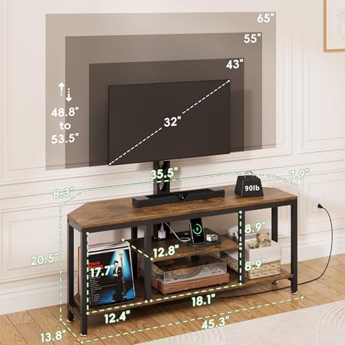 Image of Corner TV Stand Entertainment Center with Mount for Living Room, 32-65 inch TV | TV Console with Led Lights & Power Outlet, Height Adjustable Swivel TV Cabinet with Open Storage Shelf for Bedroom, Brown
